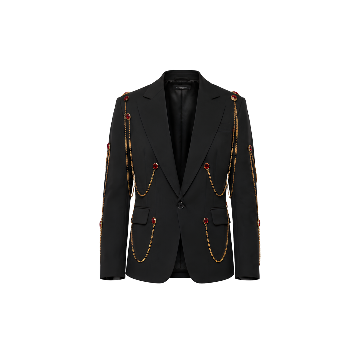 Cherry Glow Tailored Blazer with Rhinestone Chains & Red Crystals | Black