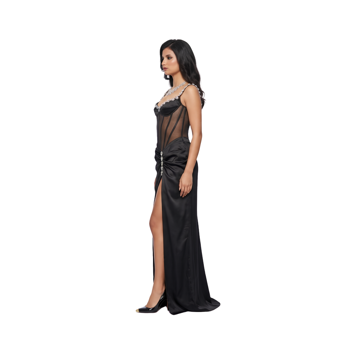 Crystal Embellished Sheer Corset Satin Evening Dress | Black