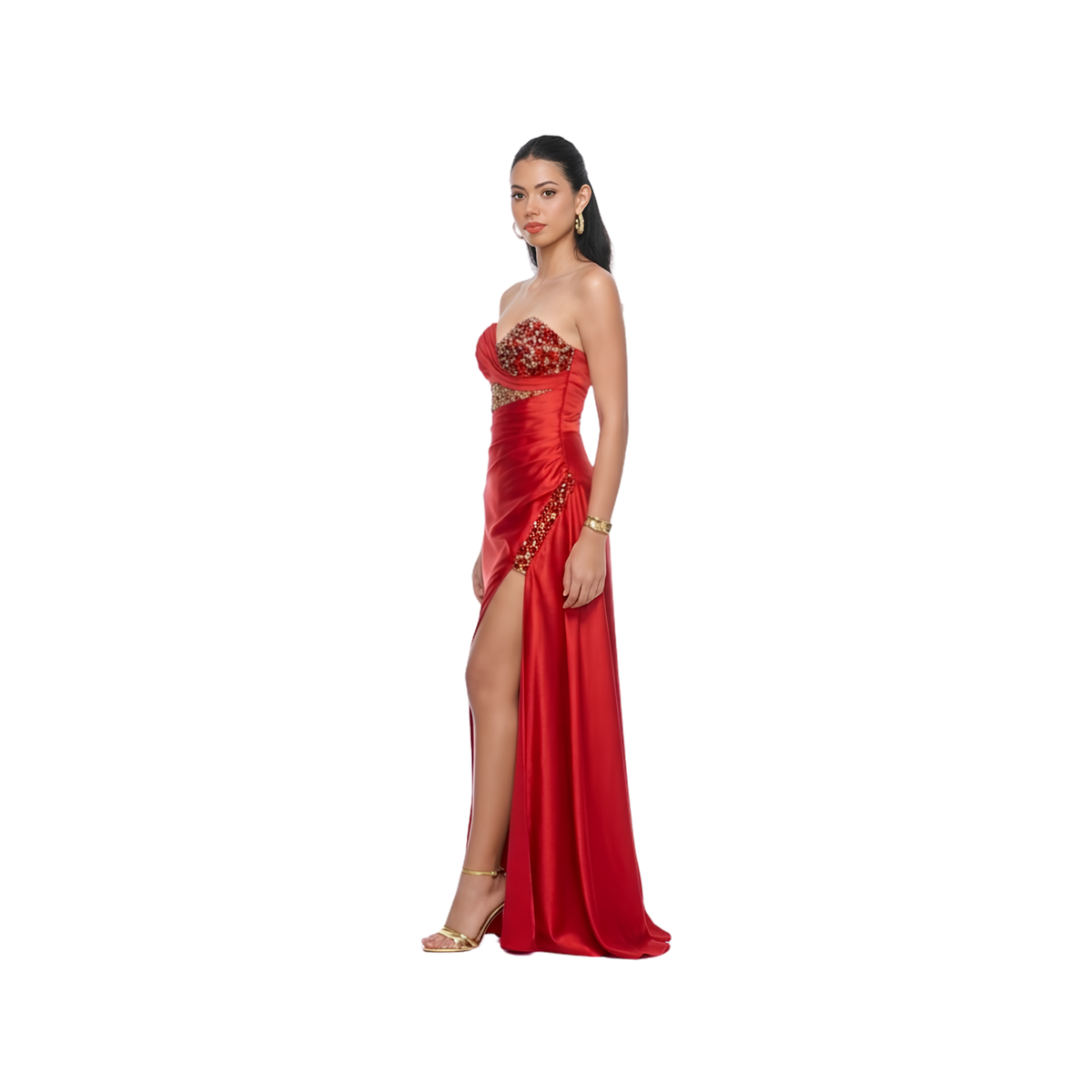 Strapless Embellished Satin Evening Gown | Red