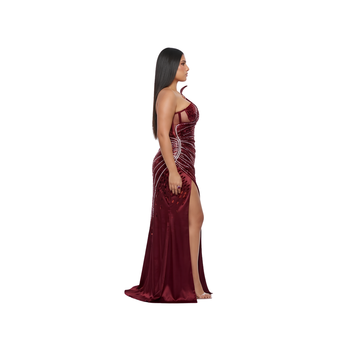 Asymmetric Embellished Satin Evening Gown | Burgundy