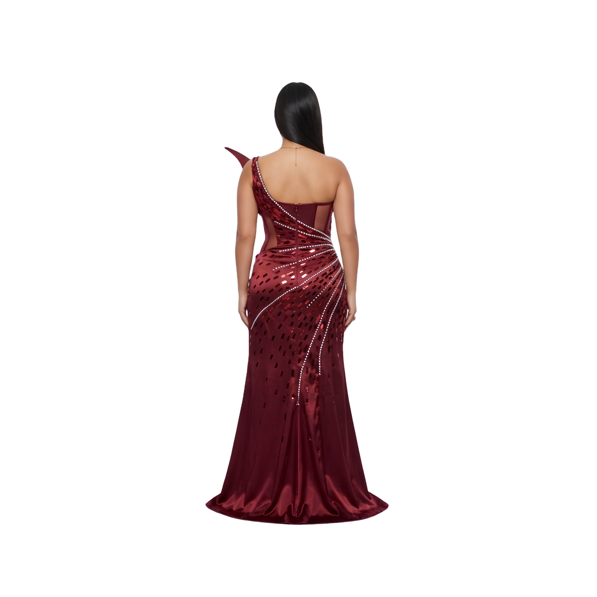 Asymmetric Embellished Satin Evening Gown | Burgundy