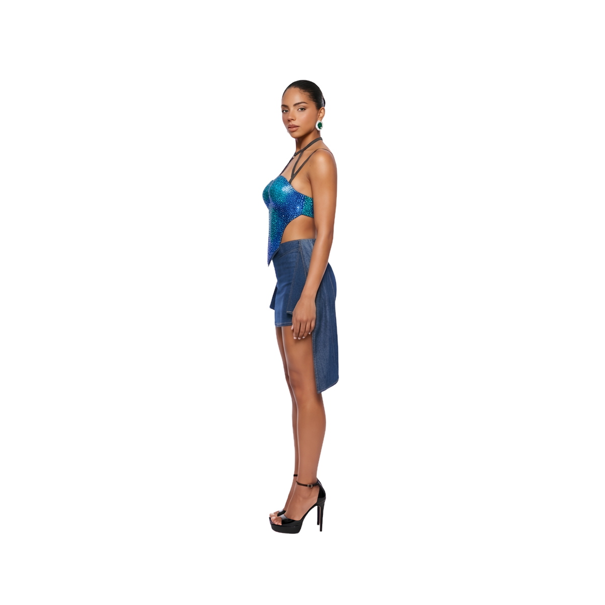 Cherry Glow Asymmetric Draped Denim Mini Skirt | Indigo Blue
