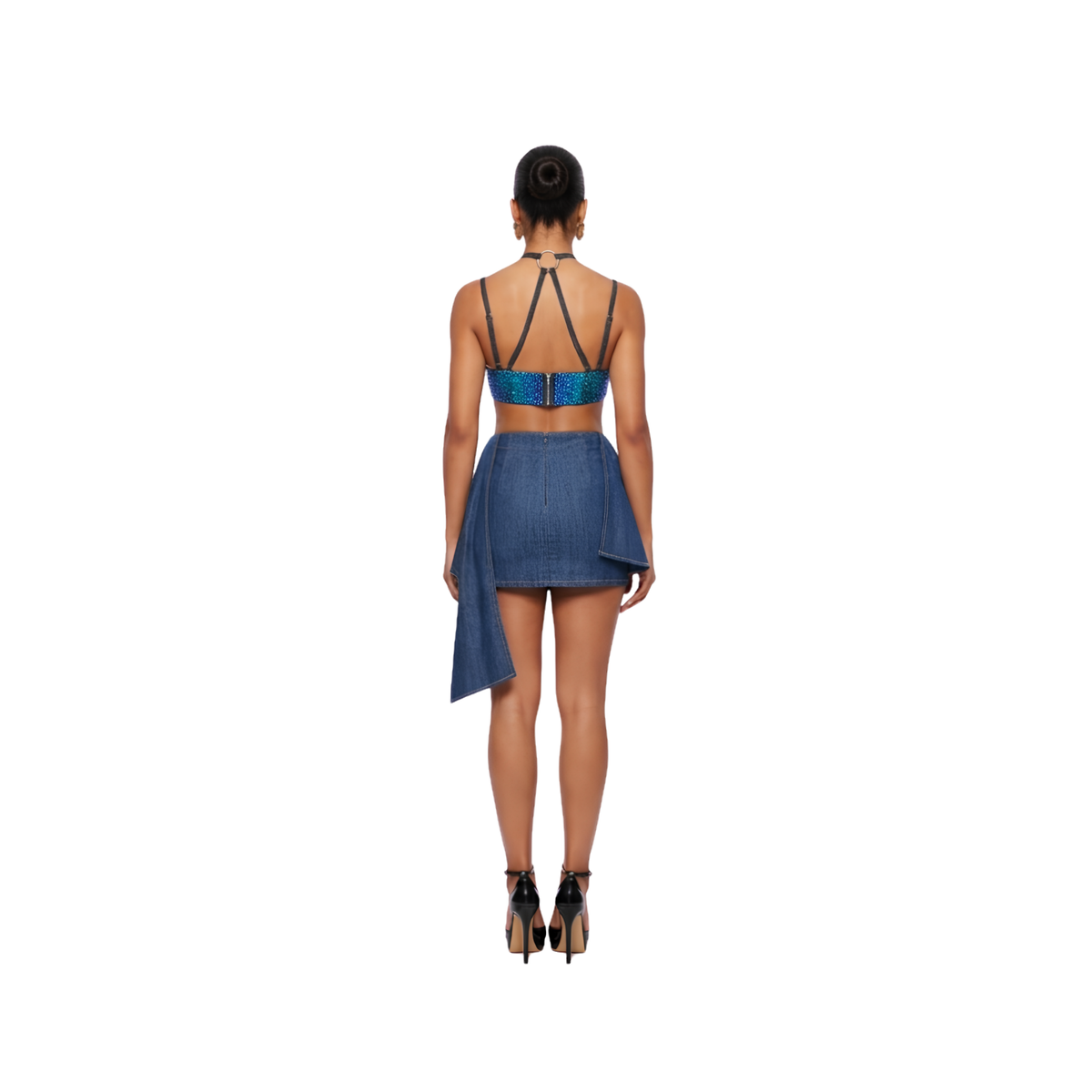 Cherry Glow Asymmetric Draped Denim Mini Skirt | Indigo Blue