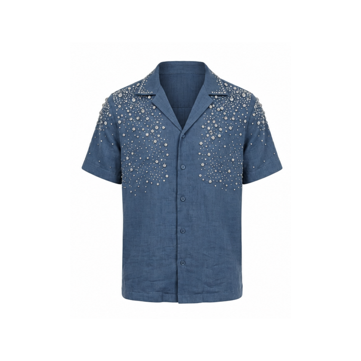 Rhinestone-Embellished Linen Blend Collar Shirt | Slate Blue