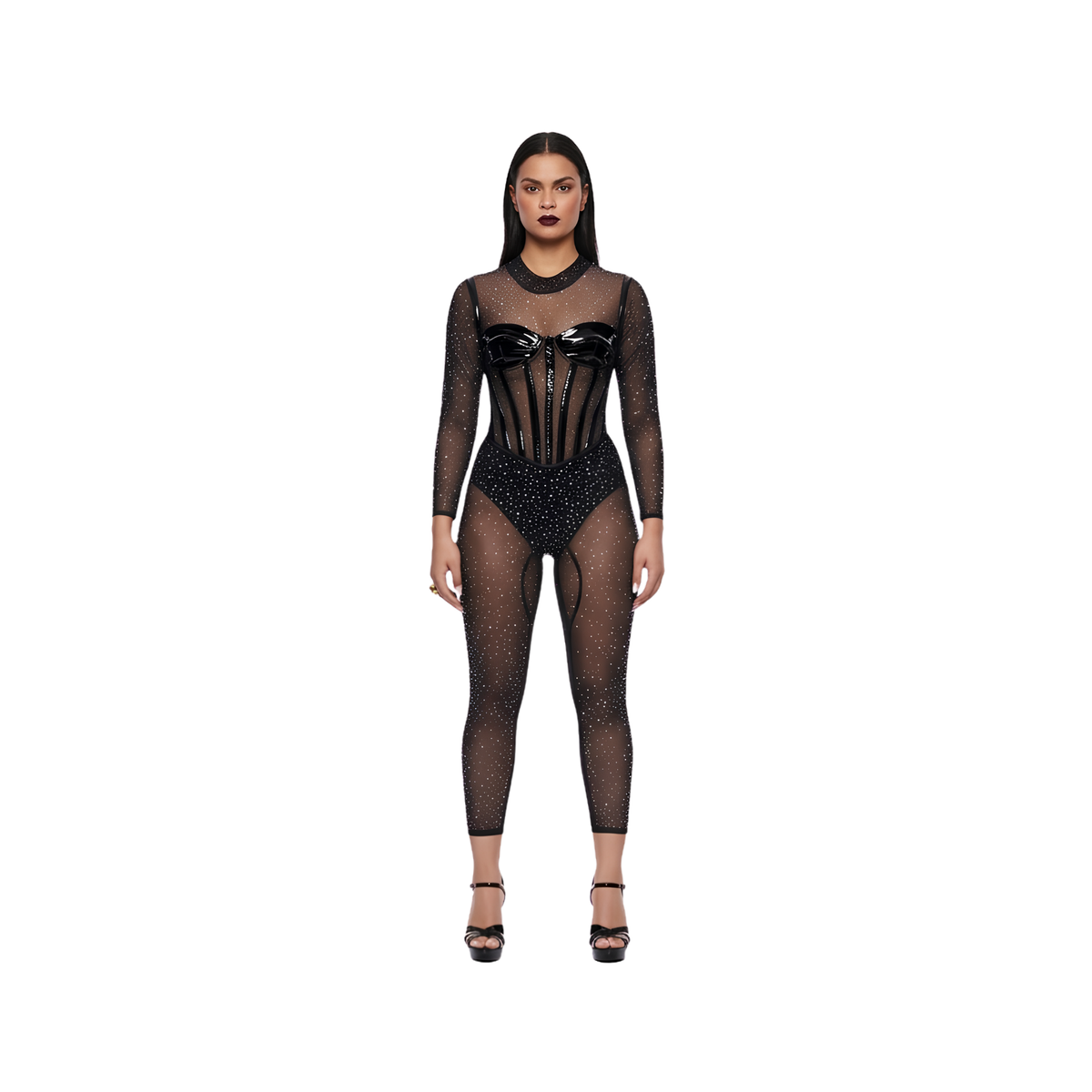 Crystal Embellished Mesh Catsuit — Black