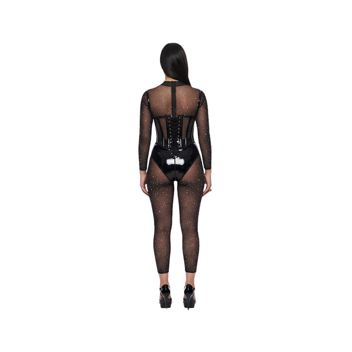 Crystal Embellished Mesh Catsuit — Black