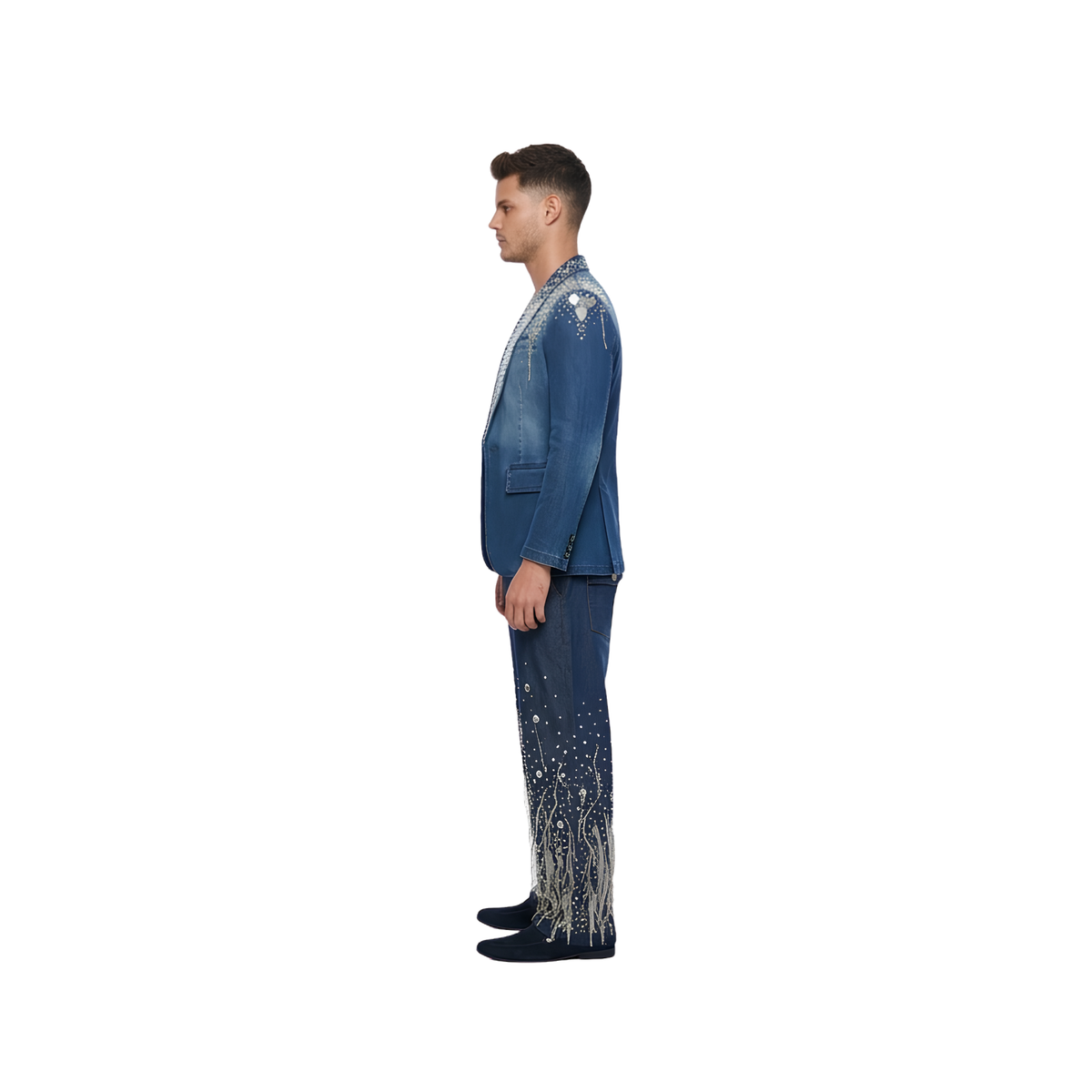 Crystal & Rhinestone Embellished Denim Blazer | Indigo