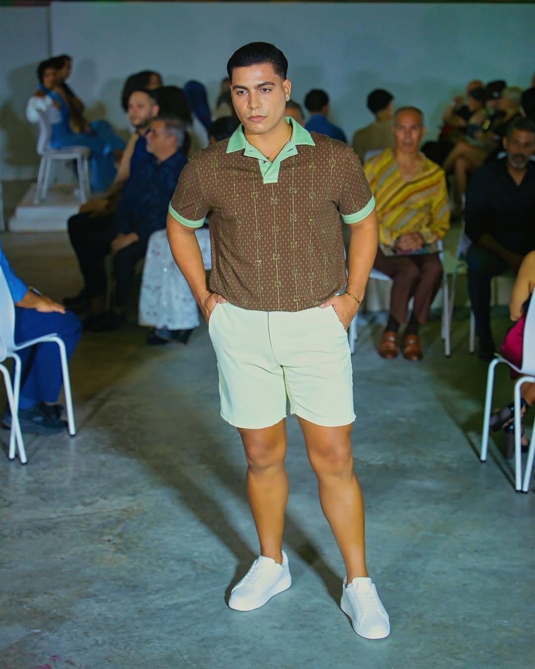 CS Stripes Monogram Beaded Polo Shirt | Brown\Mist Green Edition & Short Pants