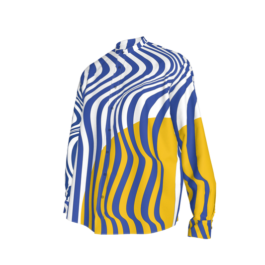 Blue Stripes Yellow Circle Long Sleeve Buttoned Dress Shirt | Without Rhinestones