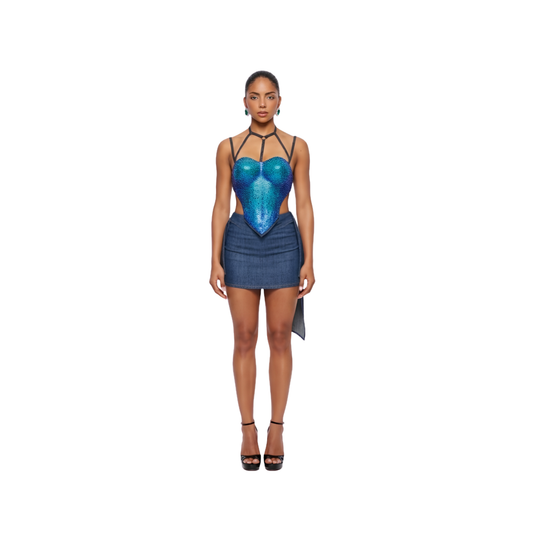Cherry Glow Asymmetric Draped Denim Mini Skirt | Indigo Blue