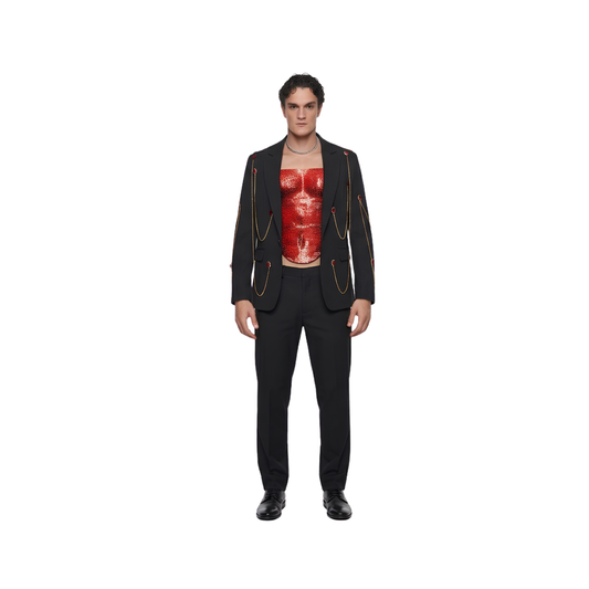 Cherry Glow Tailored Blazer with Rhinestone Chains & Red Crystals | Black