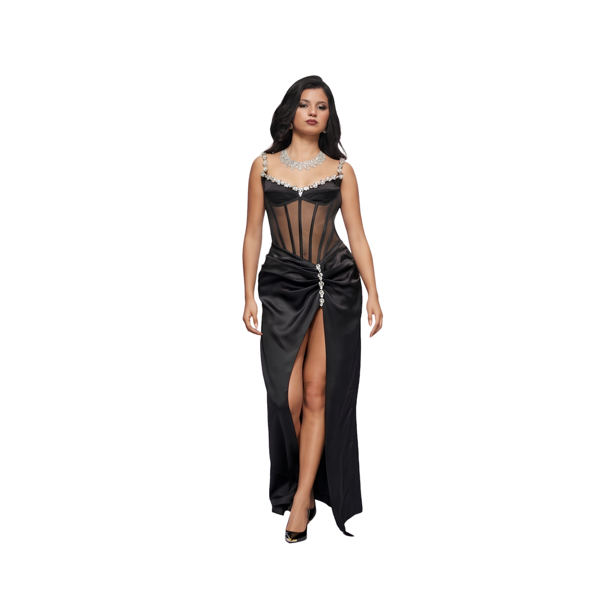 Crystal Embellished Sheer Corset Satin Evening Dress | Black