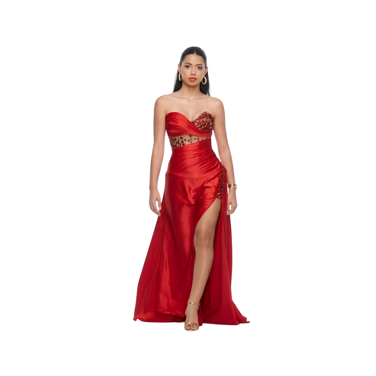 Strapless Embellished Satin Evening Gown | Red