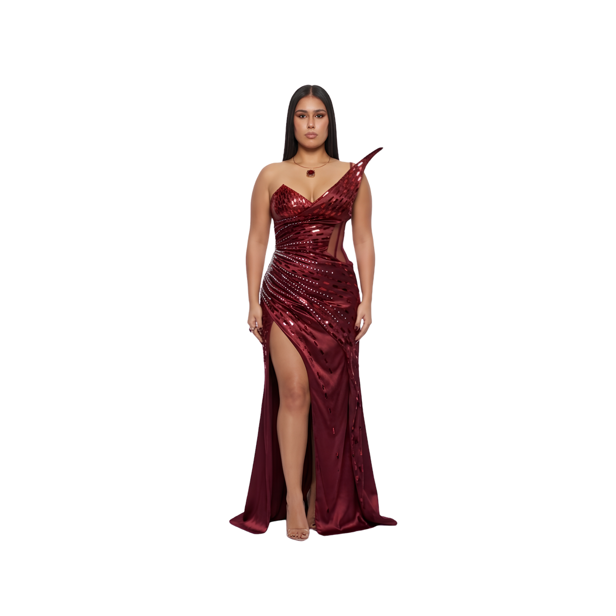 Asymmetric Embellished Satin Evening Gown | Burgundy