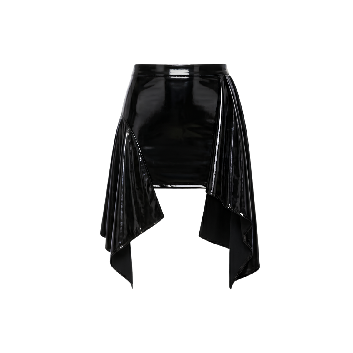 Cherry Glow Glossy Asymmetric Draped Mini Skirt | Black