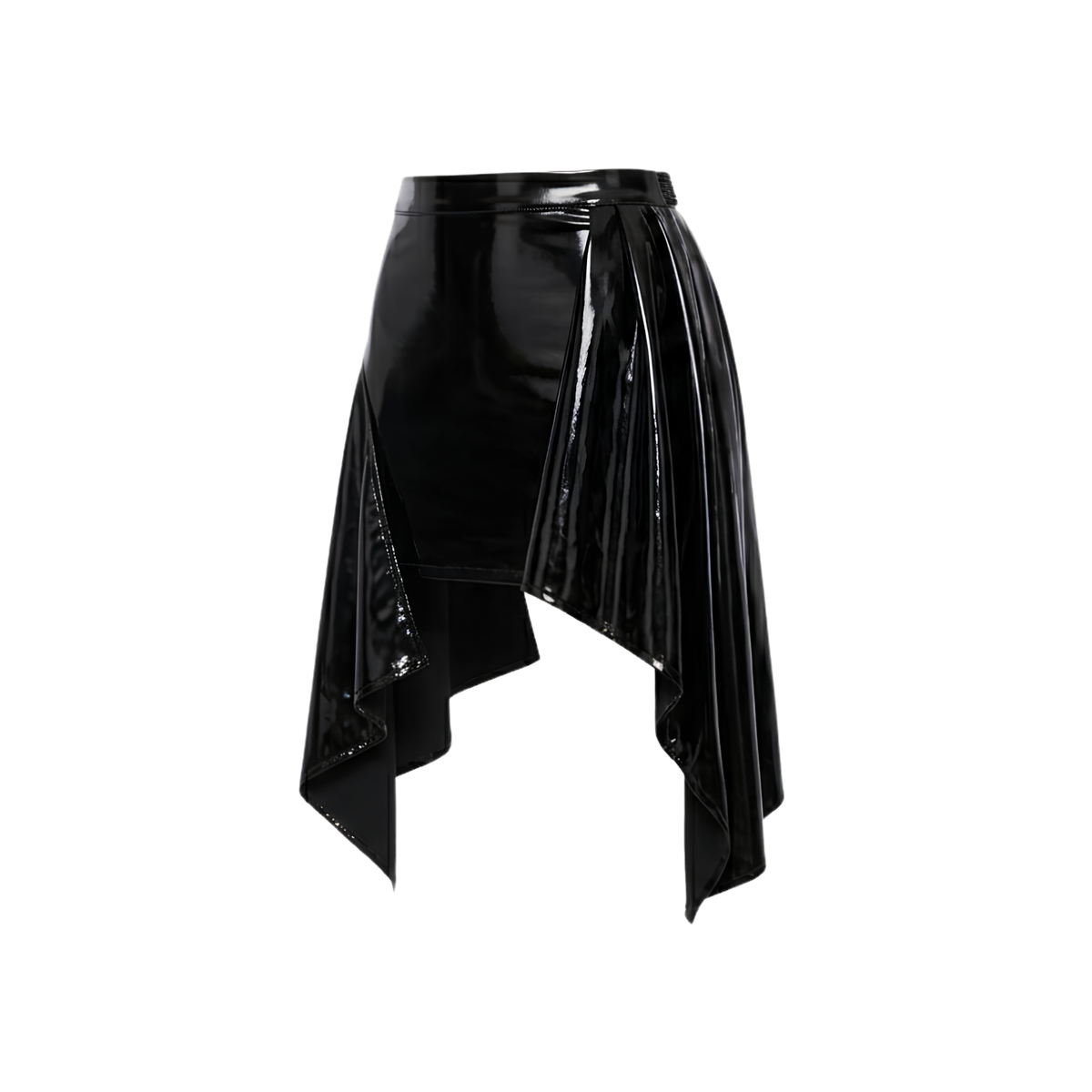 Cherry Glow Glossy Asymmetric Draped Mini Skirt | Black