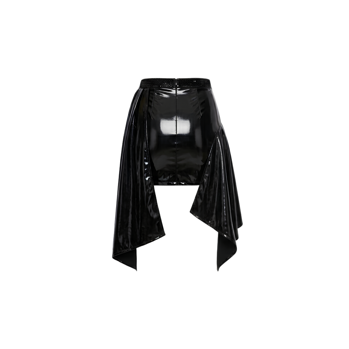 Cherry Glow Glossy Asymmetric Draped Mini Skirt | Black