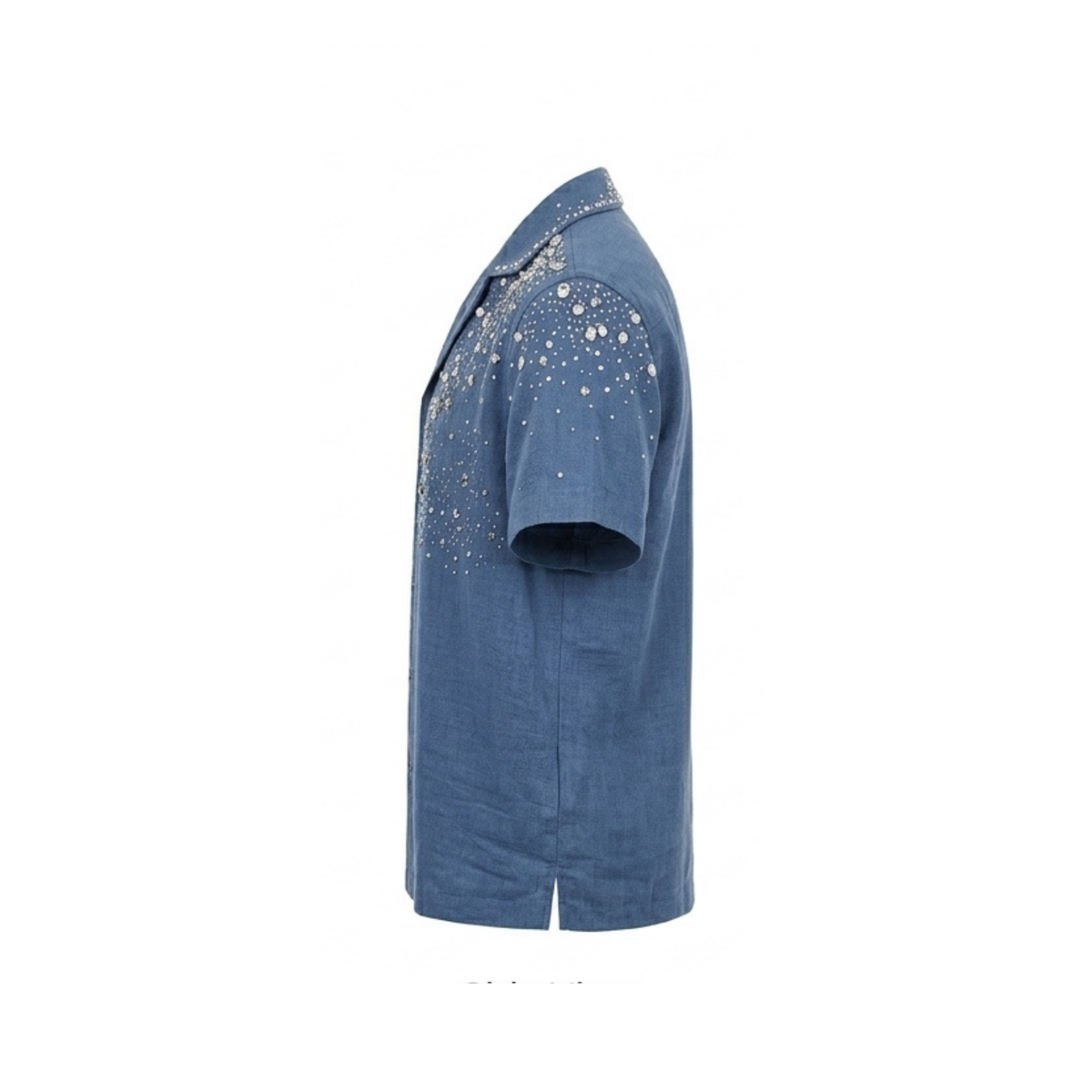 Rhinestone-Embellished Linen Blend Collar Shirt | Slate Blue