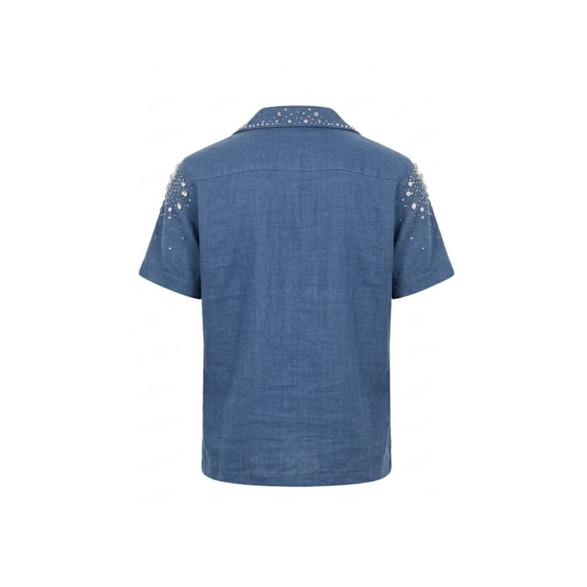Rhinestone-Embellished Linen Blend Collar Shirt | Slate Blue