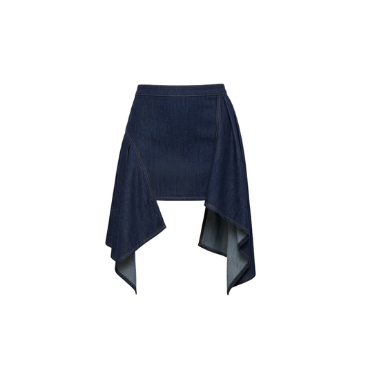 Cherry Glow Asymmetric Draped Denim Mini Skirt | Indigo Blue