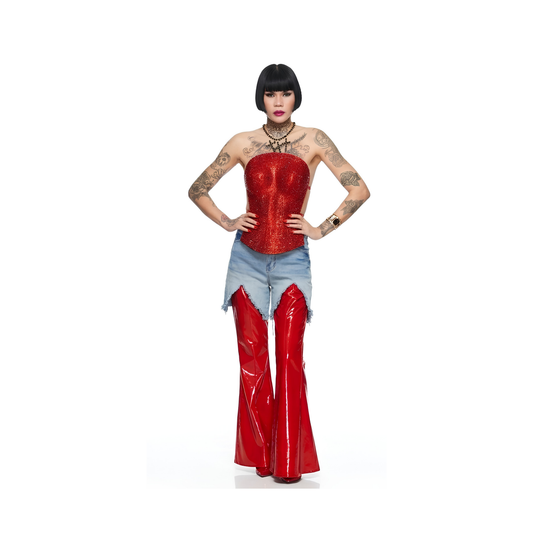 Contrast Denim & Glossy Latex Bell-Bottoms |Blue / Red