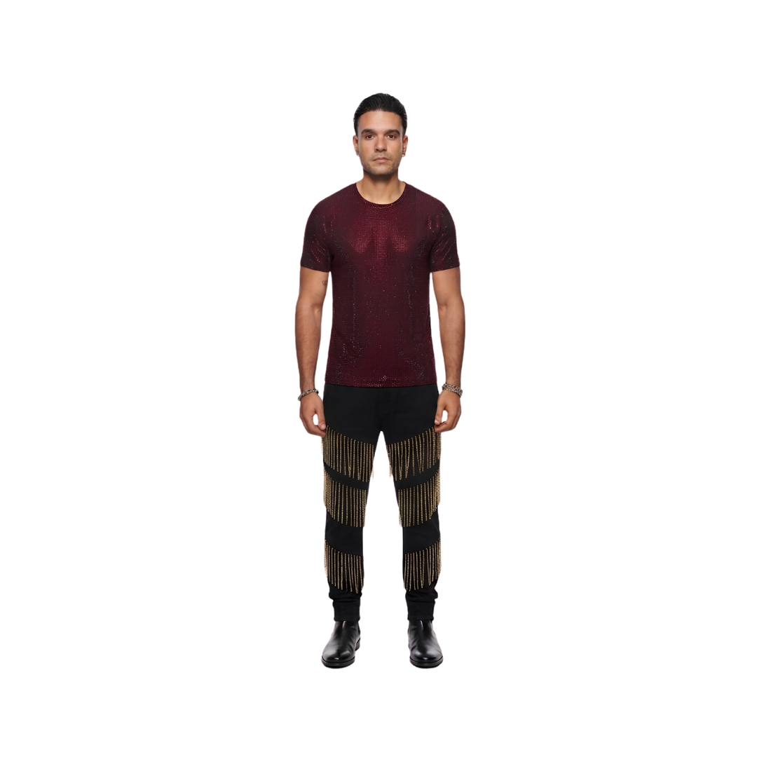 Cherry Red AB Rhinestone Mesh T-Shirt – Iridescent Sparkle Statement Top
