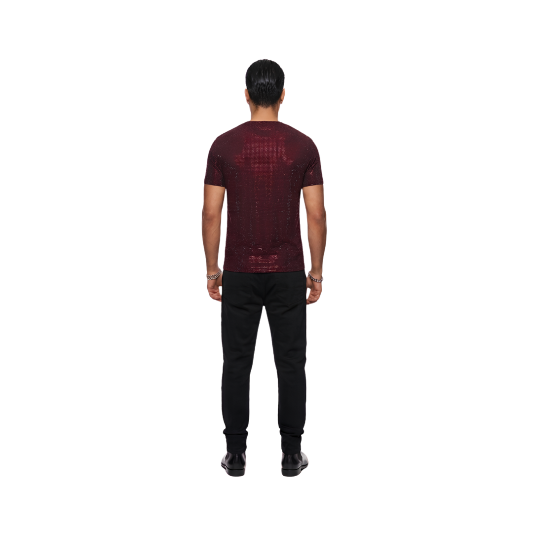 Cherry Red AB Rhinestone Mesh T-Shirt – Iridescent Sparkle Statement Top