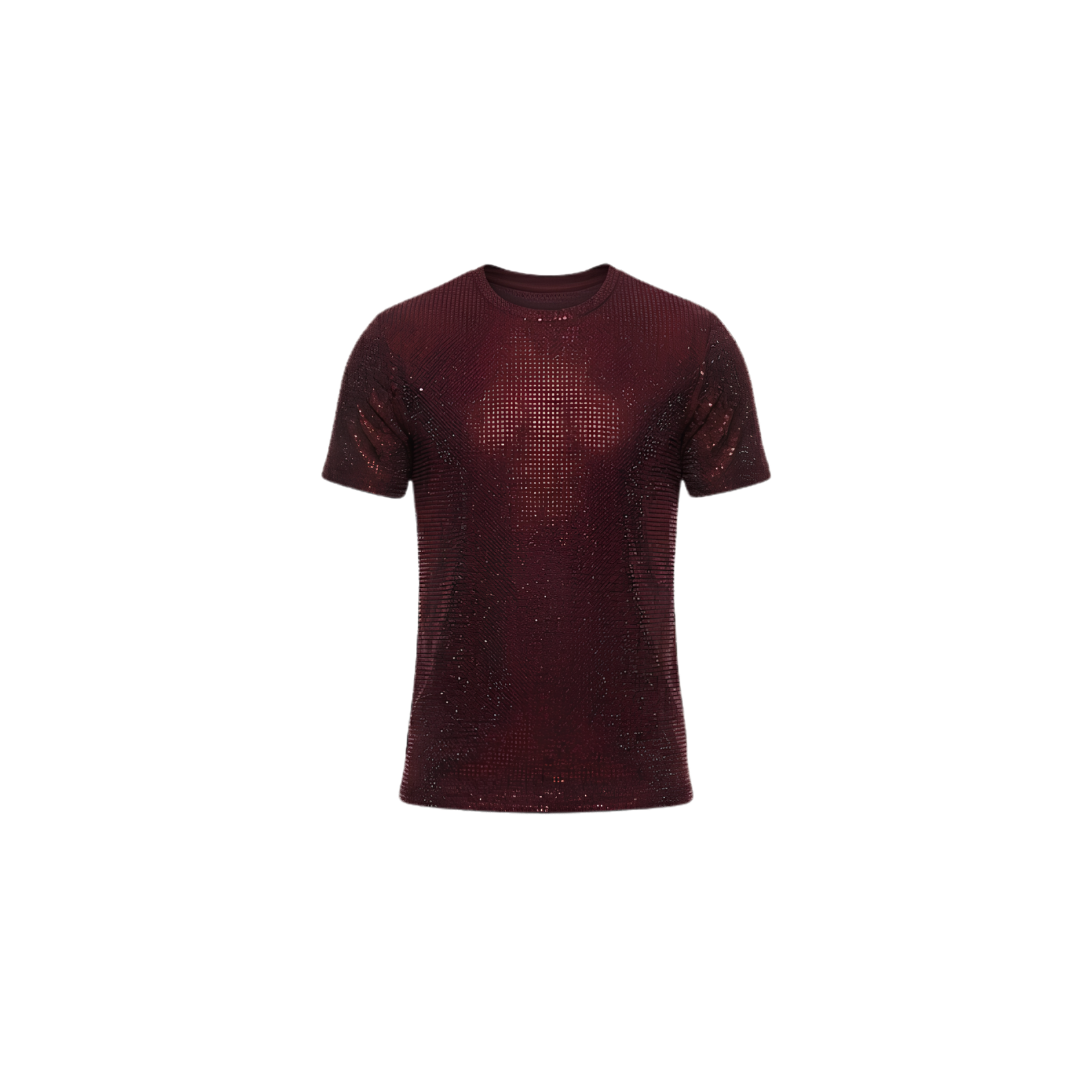 Cherry Red AB Rhinestone Mesh T-Shirt – Iridescent Sparkle Statement Top