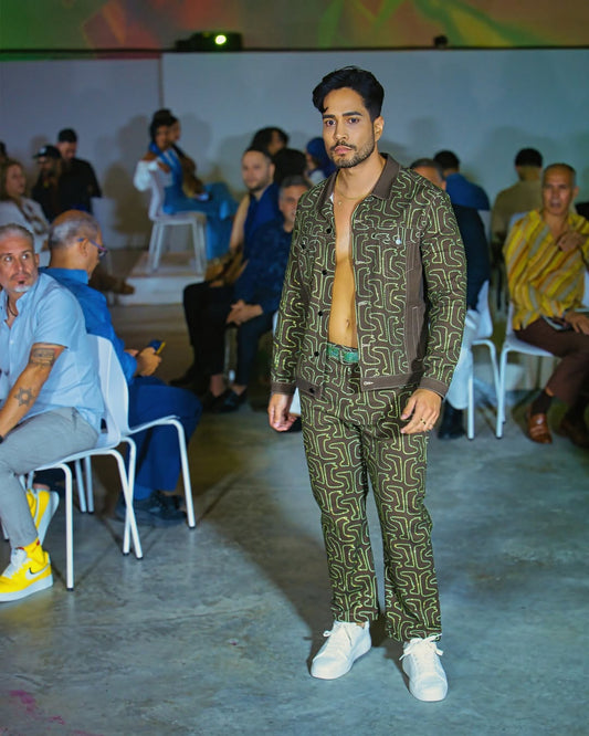 Maze Pattern Print Denim Jacket & Jeans | Green/Brown Edition