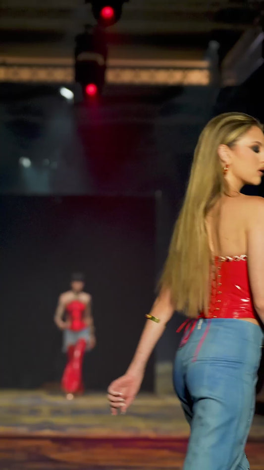 Contrast Denim & Glossy Latex Bell-Bottoms |Blue / Red
