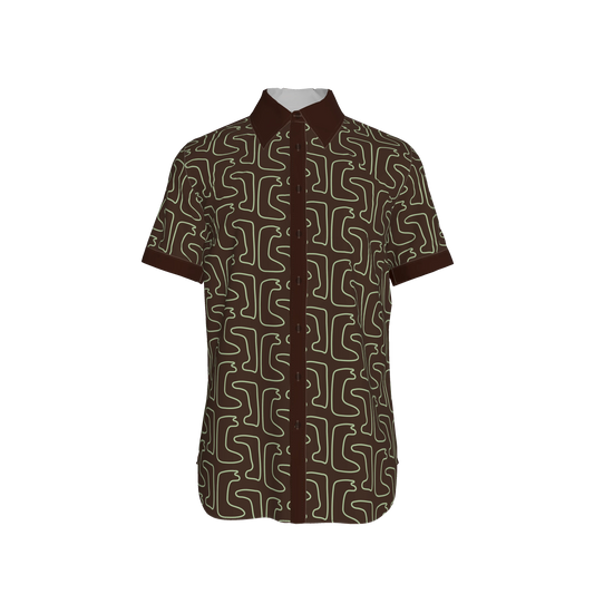 Maze Pattern Short Sleeve Buttoned Dress Shirt | Green/Brown Edition