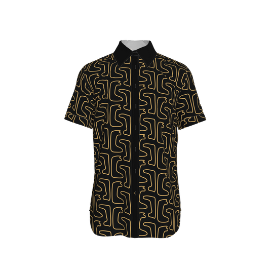Maze Pattern Short Sleeve Buttoned Dress Shirt | Black/Golden Yellow Edition