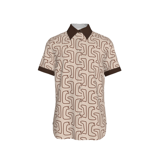 Maze Pattern Short Sleeve Buttoned Dress Shirt | Beige/Brown Edition