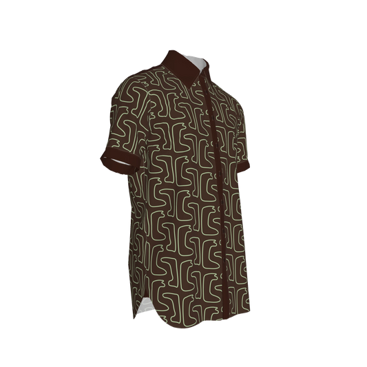 Maze Pattern Short Sleeve Buttoned Dress Shirt | Green/Brown Edition
